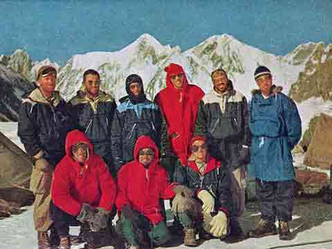 
Back row: Dee Molenaar, Art Gilkey, Charlie Houston, Bob Craig, Bob Bates, Tony Streather. Front row: George Bell, Colonel Ata-Ullah, Pete Schoening - K2: The Savage Mountain book
